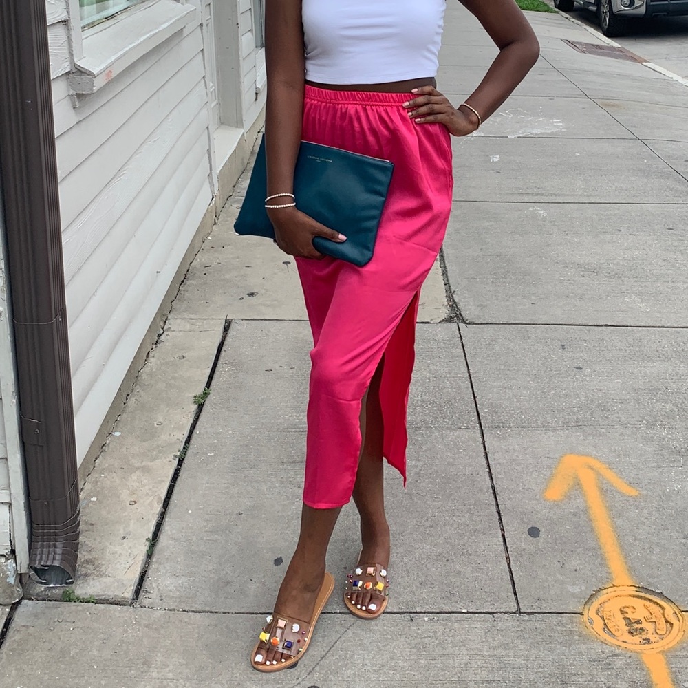 Hot Pink Satin Side Split Skirt